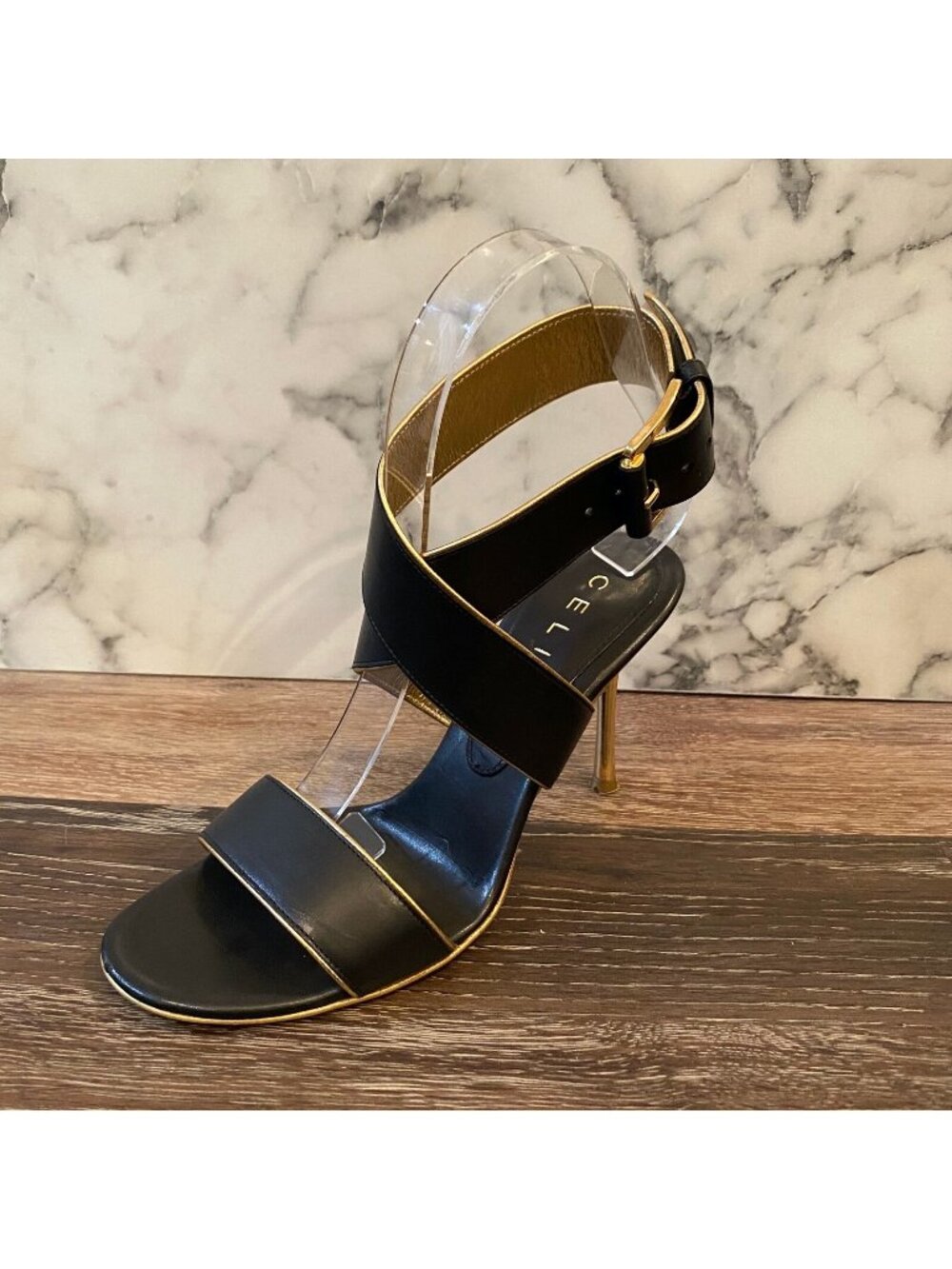 CELINE Black Calfskin Leather & Gold Trim Criss-Cross Open Toe Sandals - US 5 - Picture 1 of 12